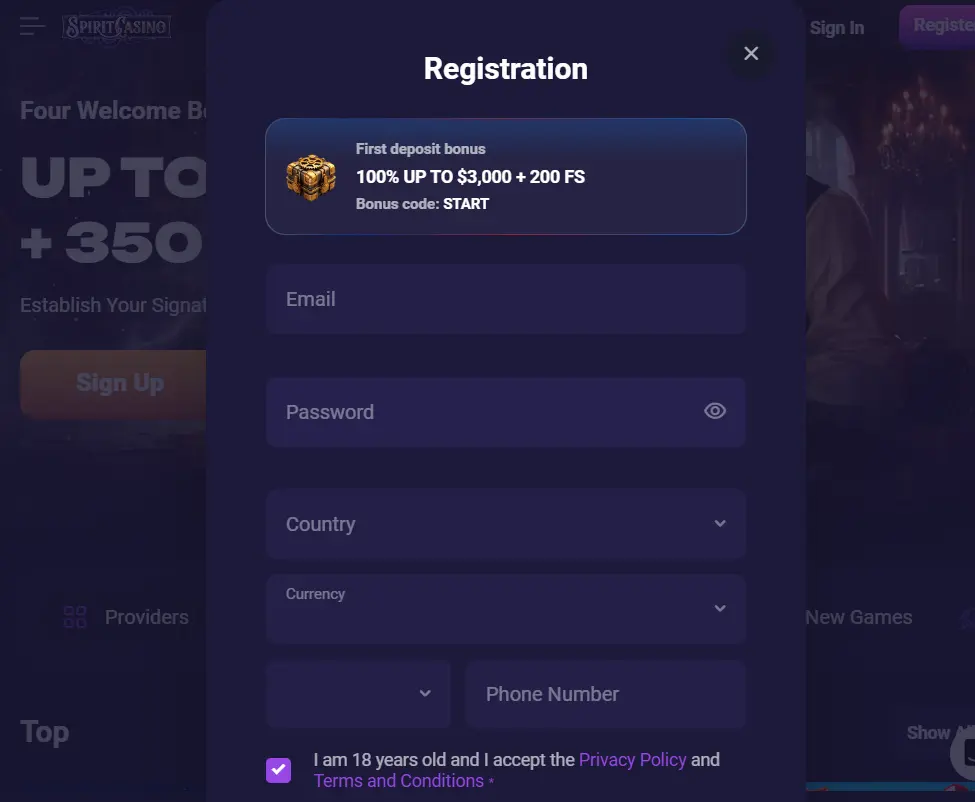 Registration at Spirit Casino